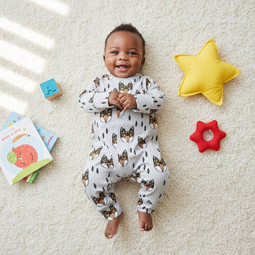 Baby lying on a carpeted floor with toys around. Model is wearing a Lottie & Lysh Geo Fox printed babygrow