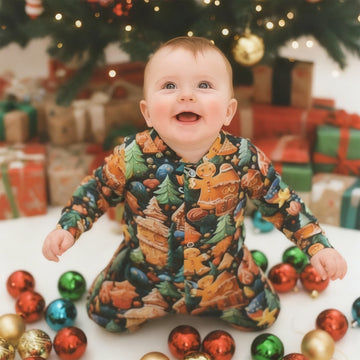Baby in a festive onesie surrounded by Christmas ornaments and presents.
