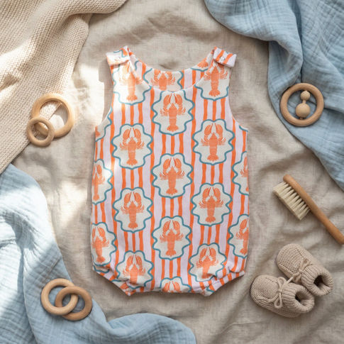 Baby romper with lobster pattern on a textured surface with toys and baby items.