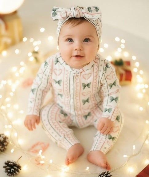 Baby wearing a christmas outfit and headband surrounded by string lights and pinecones.