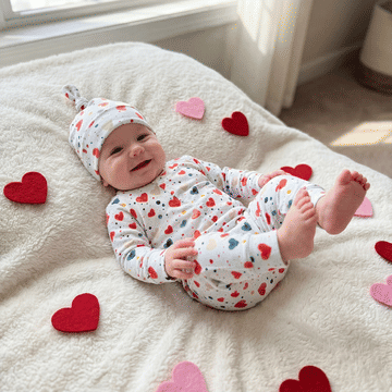 Baby lying on a blanket with heart-shaped decorations