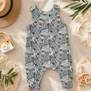 leaf print baby and toddler dungarees flat lay