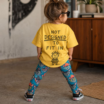 Child wearing a yellow t-shirt with Not designed to fit in text and colorful cat leggings in a room. 