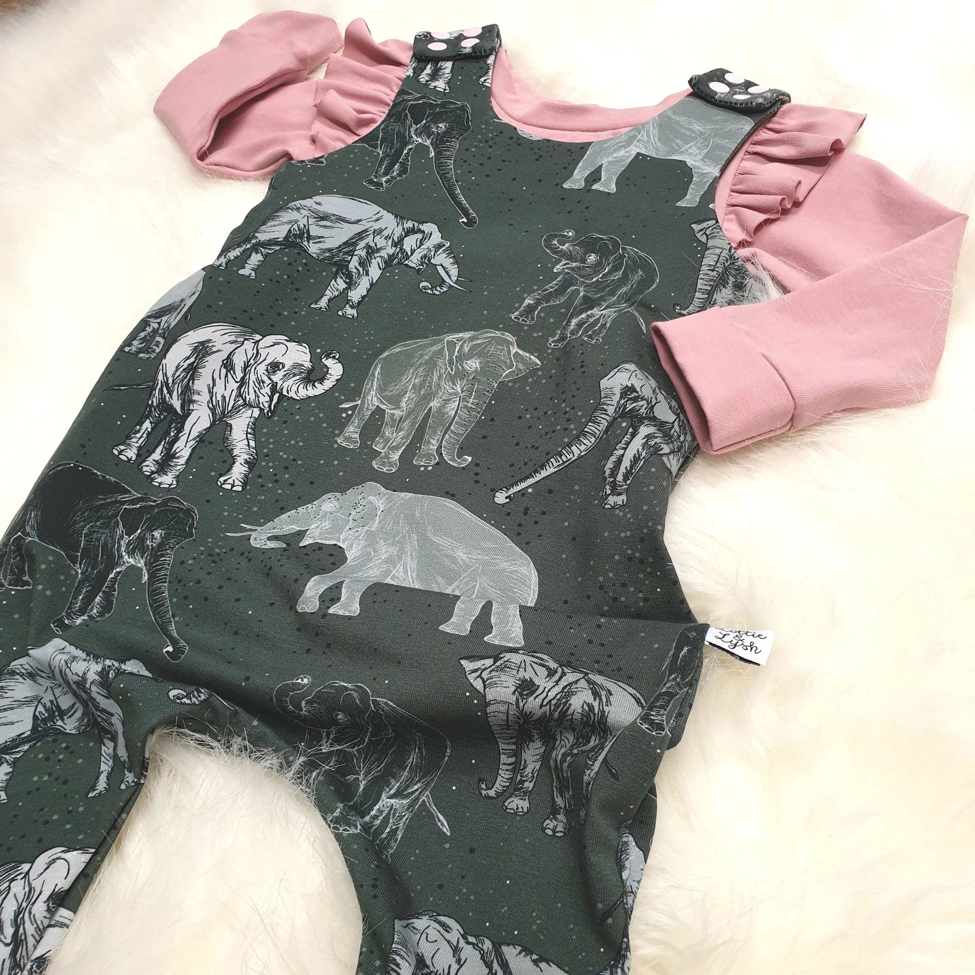 organic toddler romper in elephants