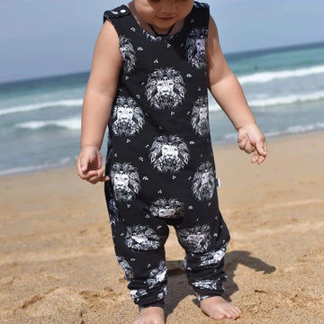 Lottie & Lysh organic Lion Noir Toddler & baby dungarees. Handmade baby dungarees in a  monochrome lion print jersey fabric