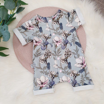 Kids floral summer romper in Iris print. Handmade by Lottie & Lysh