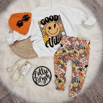 kids good vibes sweatshirt with 70 aesthetic leggings and orange beanie hat
