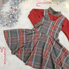 christmas day outfit flatlay featuring Lottie & Lysh tartain pinafore dress with matching top