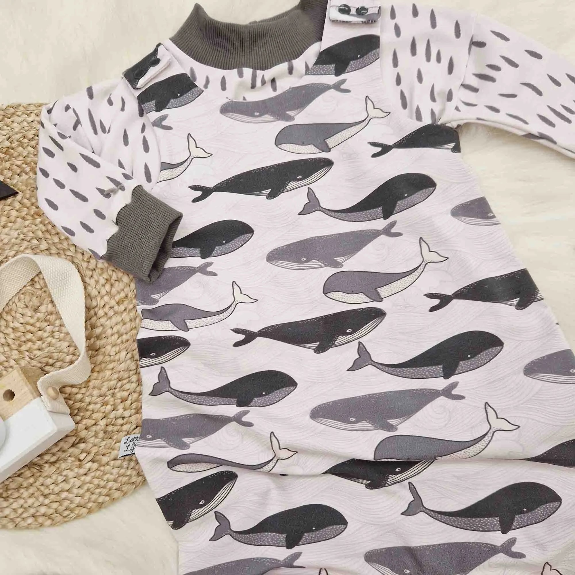 handmade baby and toddler dungarees with whale print and matching top