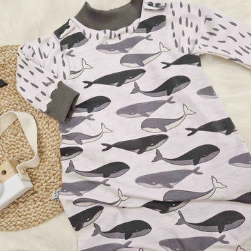 handmade baby and toddler dungarees with whale print and matching top
