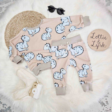 dinosaur print lounge wear for kids by lottie and lysh