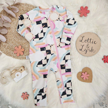 rainbow printed zip up sleepsuit