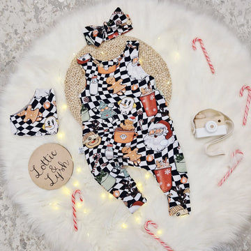 Lottie & Lysh Hipster Santa print baby and toddler dungarees with coordinating bow headband and bandana bib