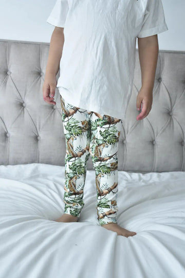 boys leggings with jungle background and jaguar print design