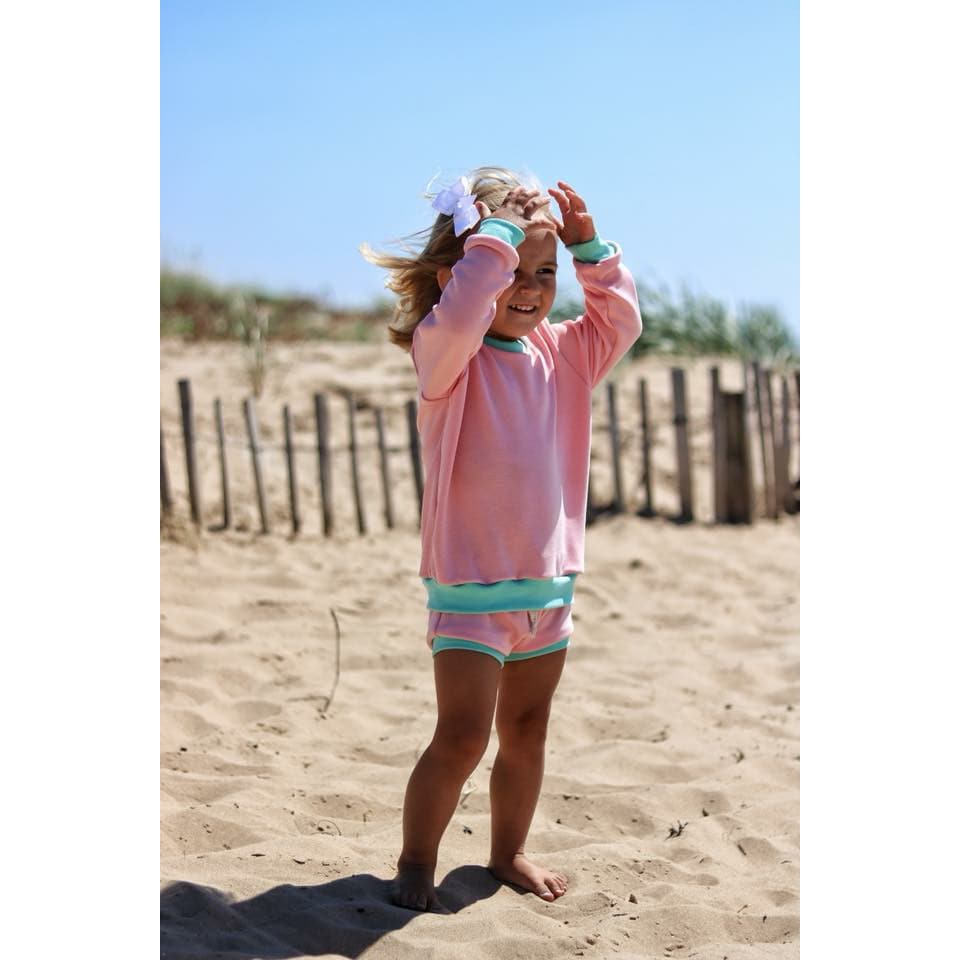 retro coloublok collection pink sweatshirt with mint cuffs handmade by lottie and lysh in the uk
