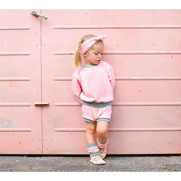 pink and olive retro colourblok bummies and sweatshirt lounge set
