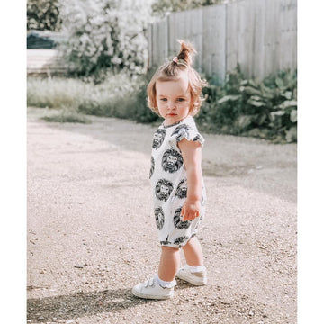 Aztec Lion print frill shoulder bummie romper by Lottie & Lysh