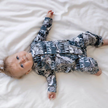 blue white and grey owl print romper handmade in the uk by lottie and lysh