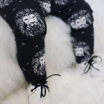 monochrome lion print child and baby leggings exclusively designed by lottie & lysh and handmade in Cornwall, UK