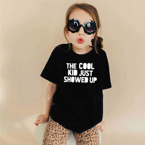 The cool kid just showed up kids black printed t-shirt