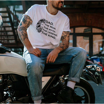 Father's day t-shirt featuring Lottie & Lysh aztec lion design and 'Dad, the man, the myth, the legend, the kind' printed slogan. Made in the UK. 