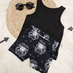 ethically made children's monochrome cycling shorts with lion print design