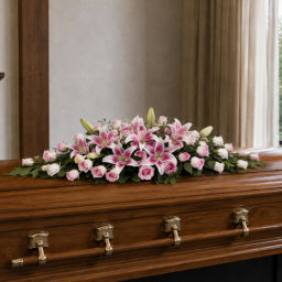 Funeral Pink Lilies & Pink Roses Casket Flowers