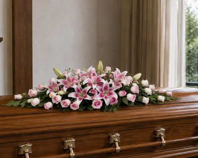 stunning pink rose and lily funeral flowers - casket spray