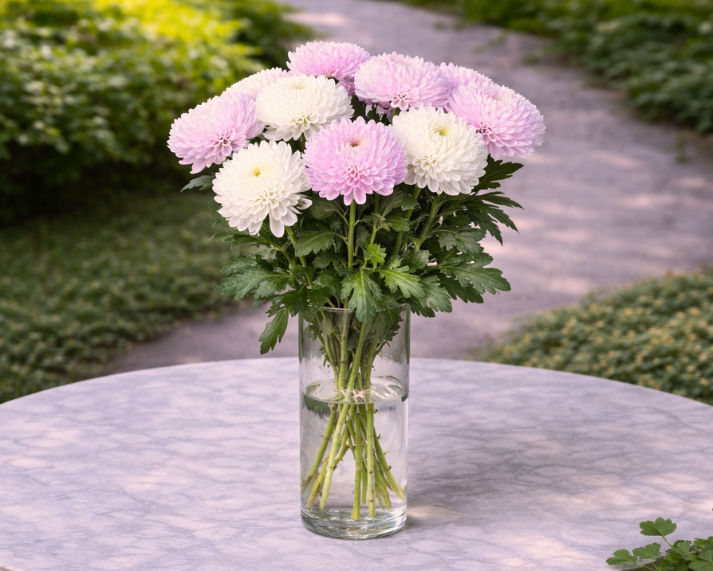 white and pink chrysanthemums in a vase