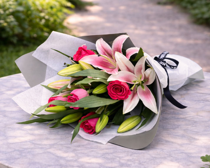 pink lilies and pink roses bouquet