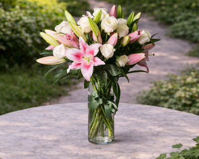 fragrant pink lilies and white roses flower arrangement 