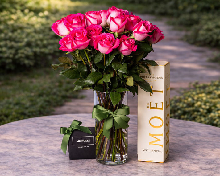 pink roses and champagne