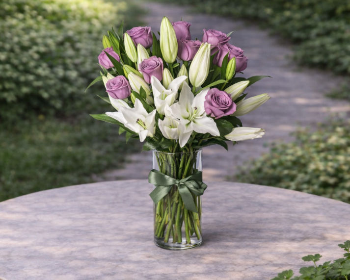 purple roses and white lilies in a vase
