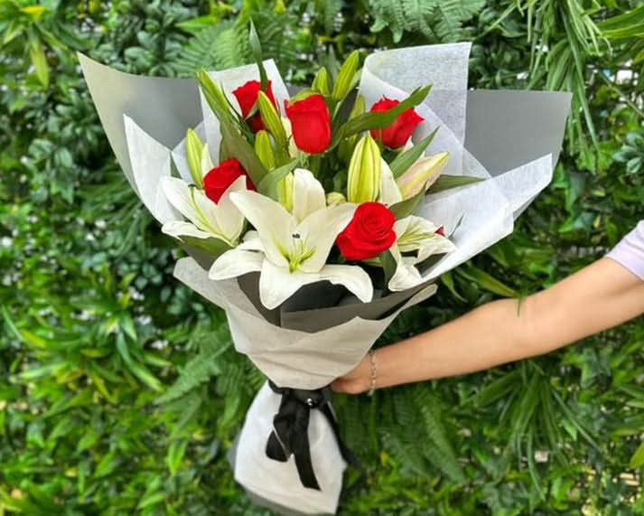 Fragrant White Lilies & Red Roses Bouquet