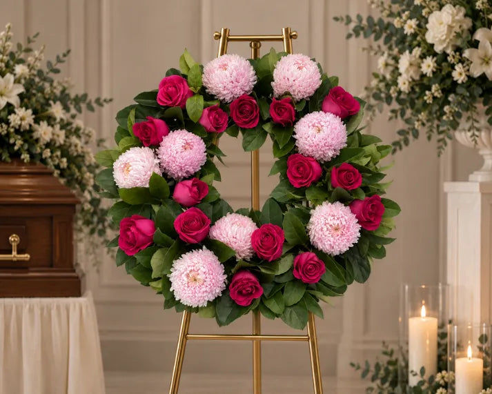 Light Pink Chrysanthemums & Hot Pink Roses Wreath