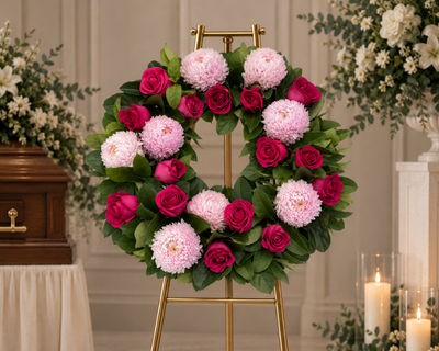 Light Pink Chrysanthemums & Hot Pink Roses Wreath