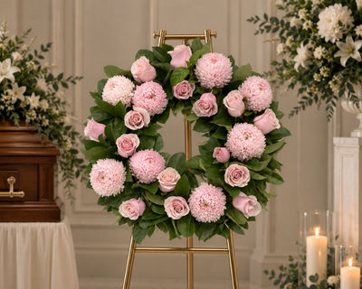 Light Pink Chrysanthemums & Light Pink Roses Wreath