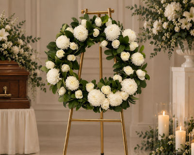 White Chrysanthemums & White Roses Wreath