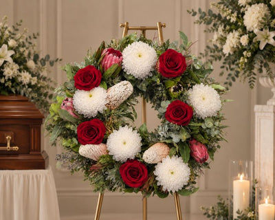 Wildflowers, Red Roses & White Chrysanthemums Wreath