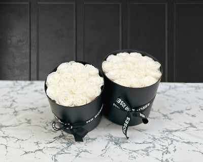 preserved white roses in stylish mr roses hat box