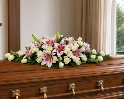 stunning white and pink casket spray funeral flowers