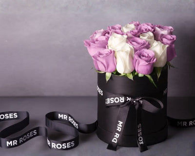 purple and white roses hat box