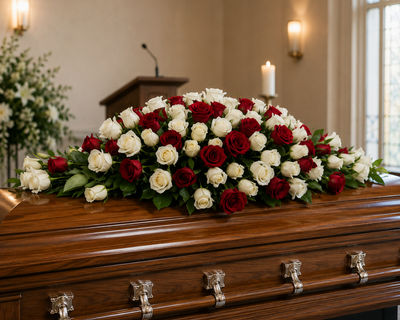 stunning red and white roses casket spray