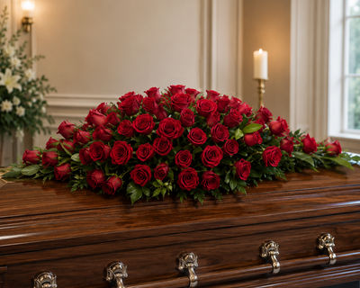 stunning red rose funeral casket spray by Mr Roses