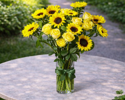 sunflowers and yellow roses flower arrangement