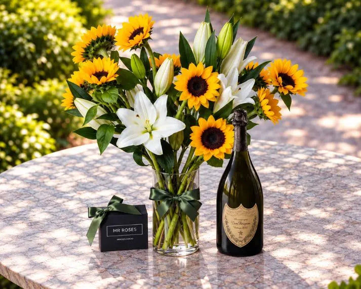 Sunflowers, White Lilies & Champagne