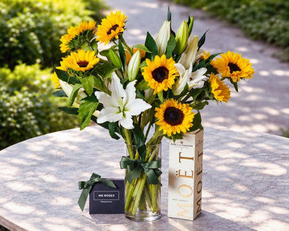 Sunflowers, White Lilies & Champagne