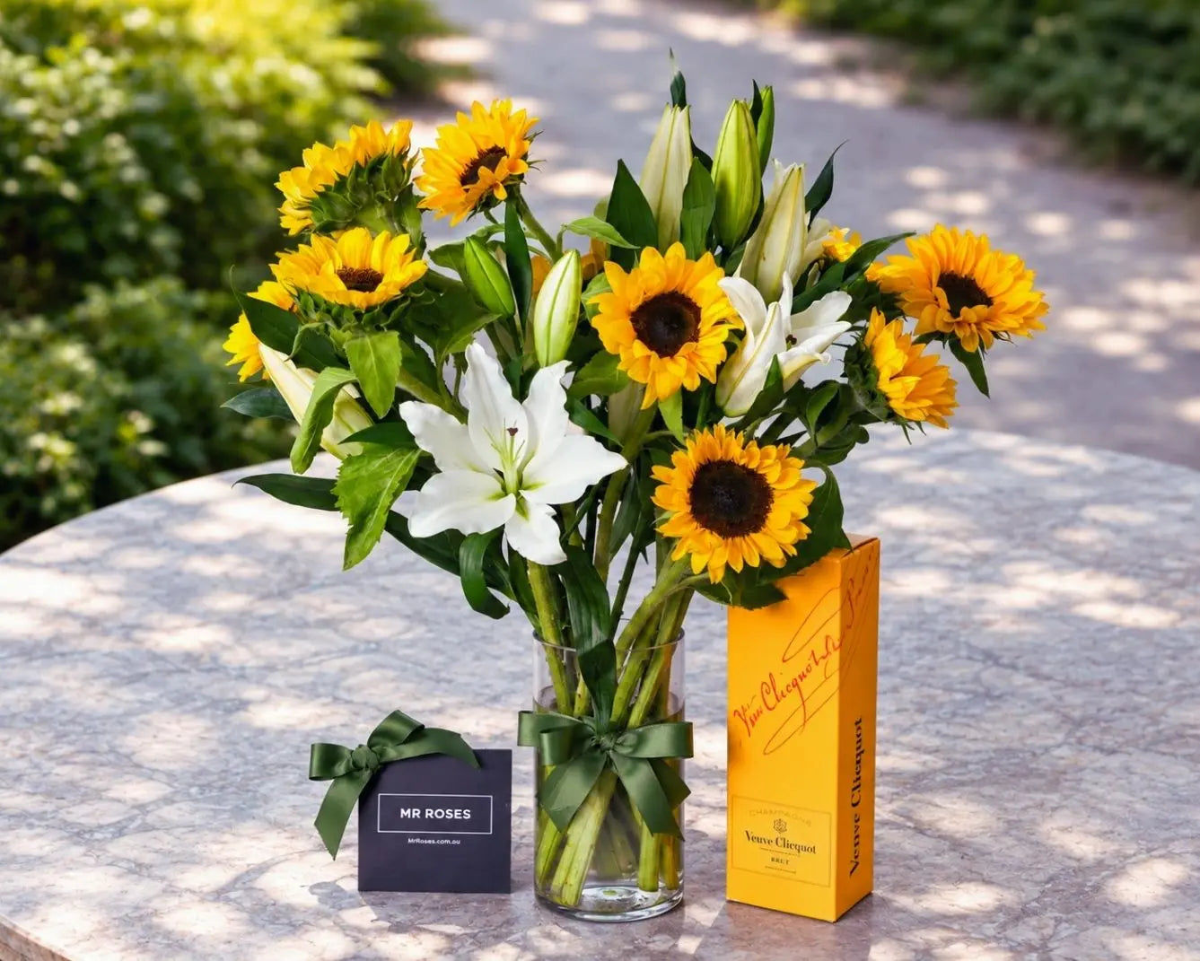 Sunflowers, White Lilies & Champagne