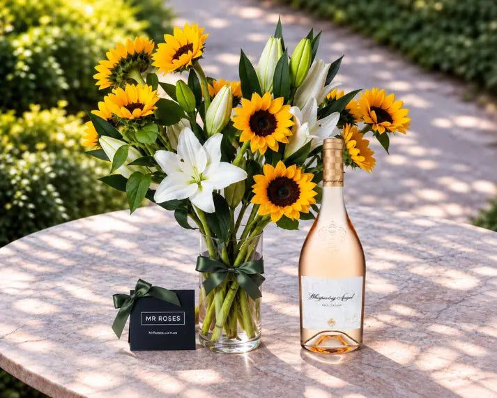 Sunflowers, White Lilies & Champagne