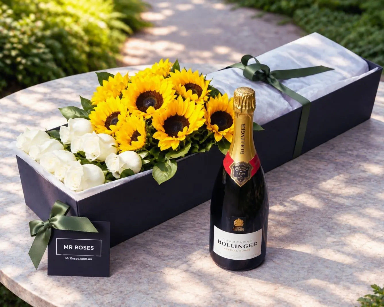 Sunflowers, White Roses & Champagne